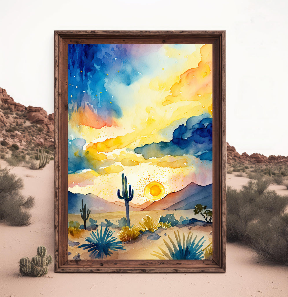 Minimalist Sonoran Desert Sunset Cactus Wall Art Southwest Nature Inspired Watercolor Print Western Decor Southwestern Landscape Painting