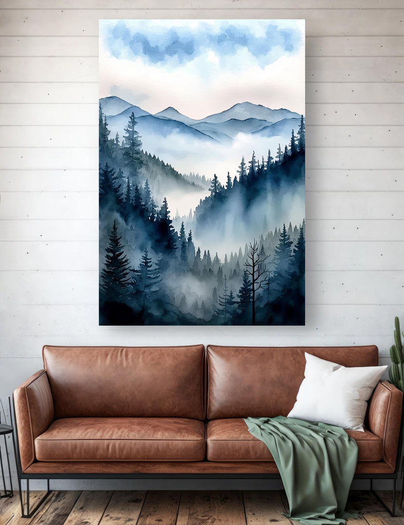 Forest Mountain Watercolor Print, Foggy Landscape Wall Art, Nature Inspired Canvas Art, Dark Evergreen Tree Poster, Woodland Home Decor