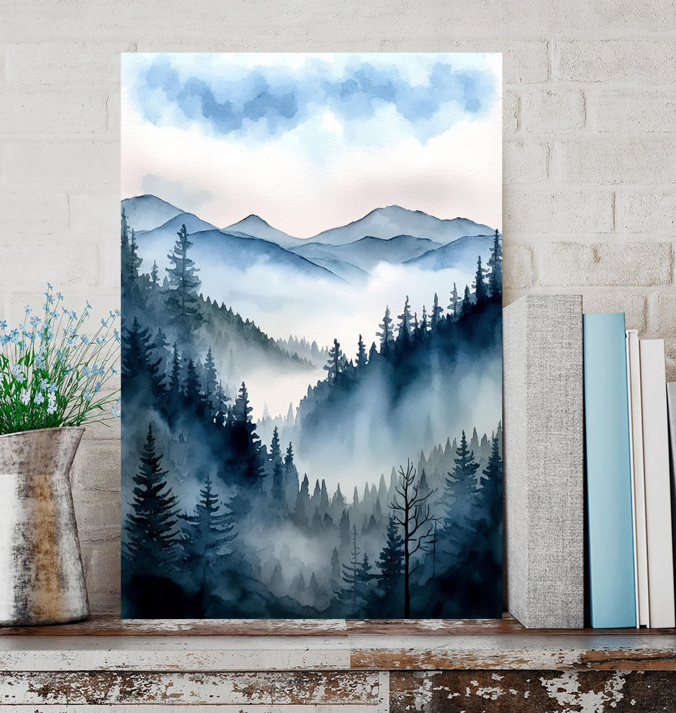 Forest Mountain Watercolor Print, Foggy Landscape Wall Art, Nature Inspired Canvas Art, Dark Evergreen Tree Poster, Woodland Home Decor