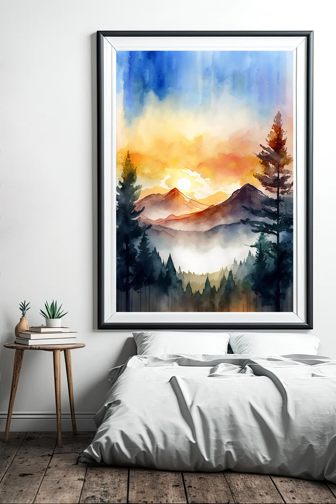 Mountain Forest Sunset Watercolor Print, Misty Landscape Wall Art, Nature Inspired Canvas, Vibrant Scenic Poster, Serene Home Decor