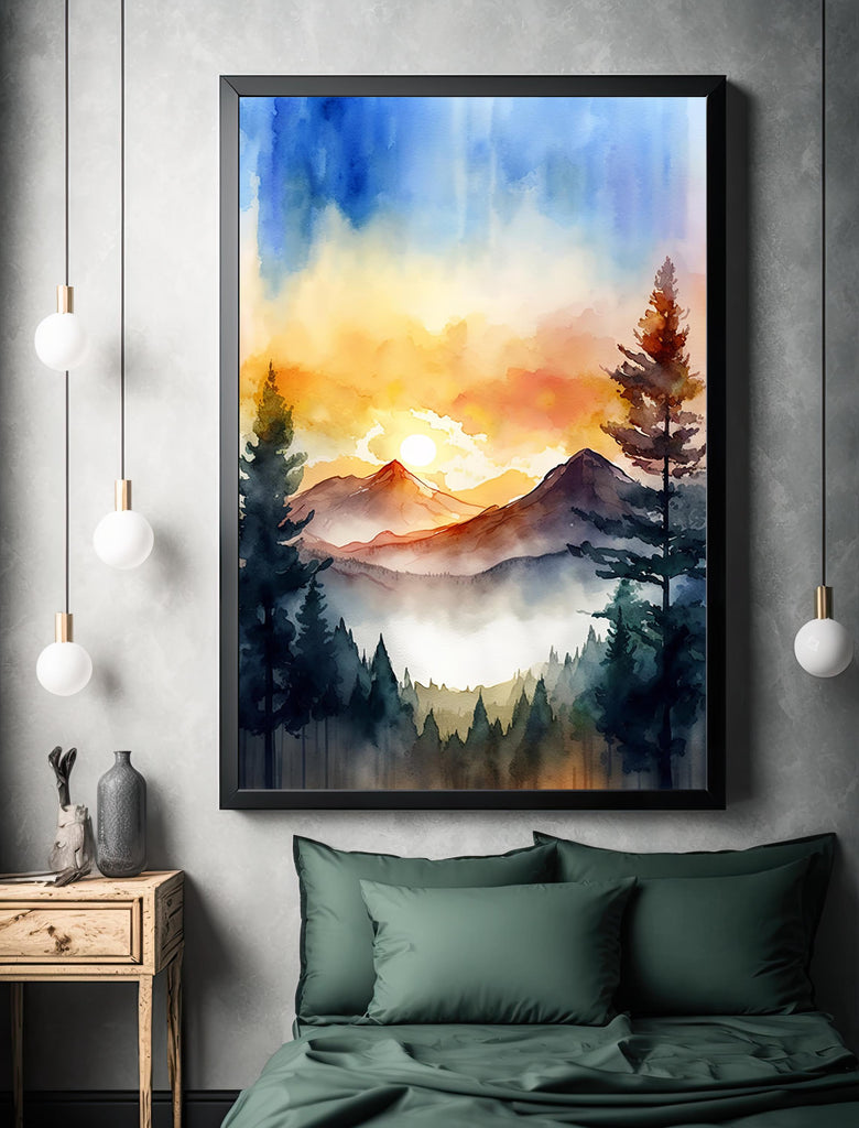 Mountain Forest Sunset Watercolor Print, Misty Landscape Wall Art, Nature Inspired Canvas, Vibrant Scenic Poster, Serene Home Decor