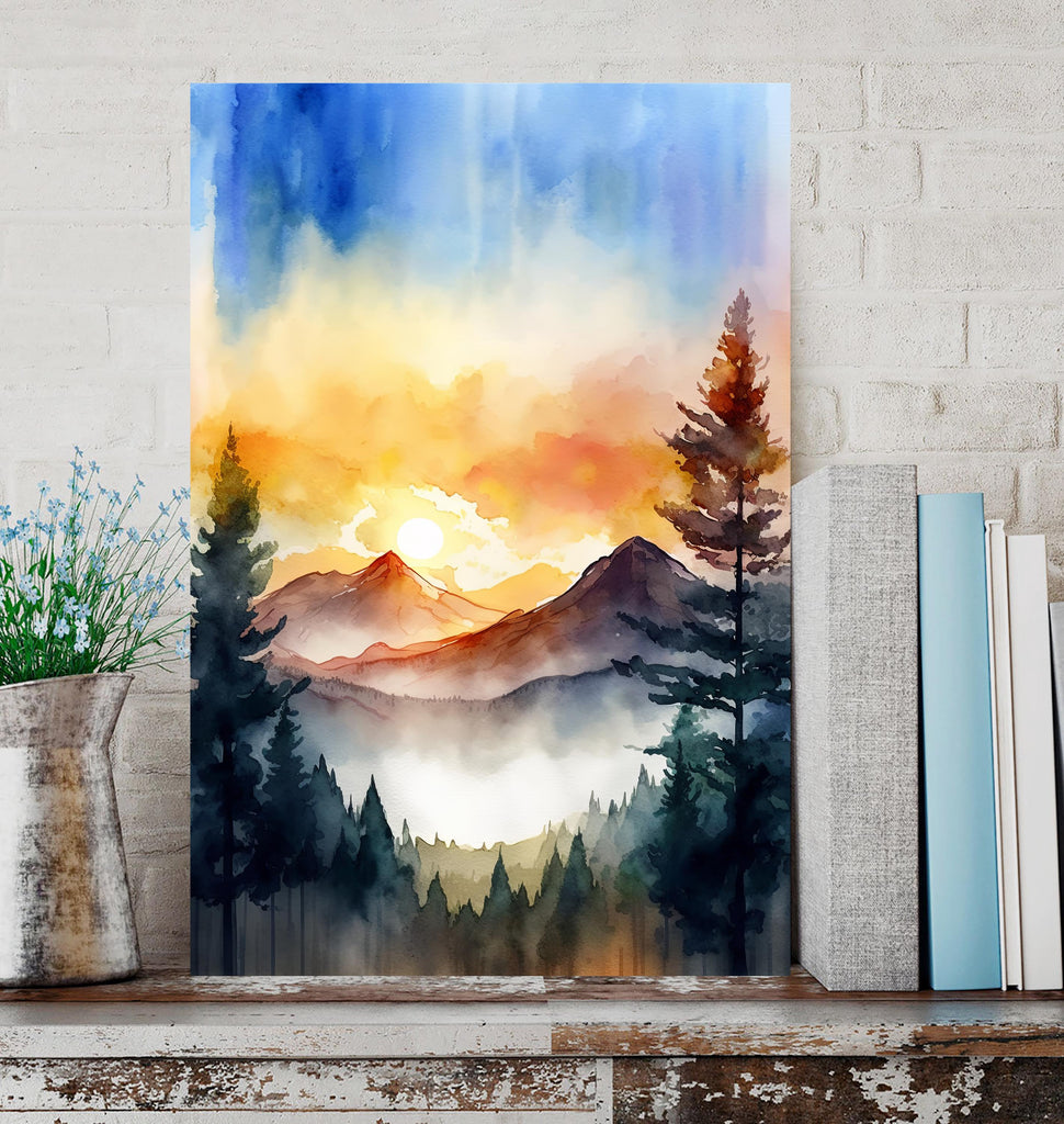 Mountain Forest Sunset Watercolor Print, Misty Landscape Wall Art, Nature Inspired Canvas, Vibrant Scenic Poster, Serene Home Decor