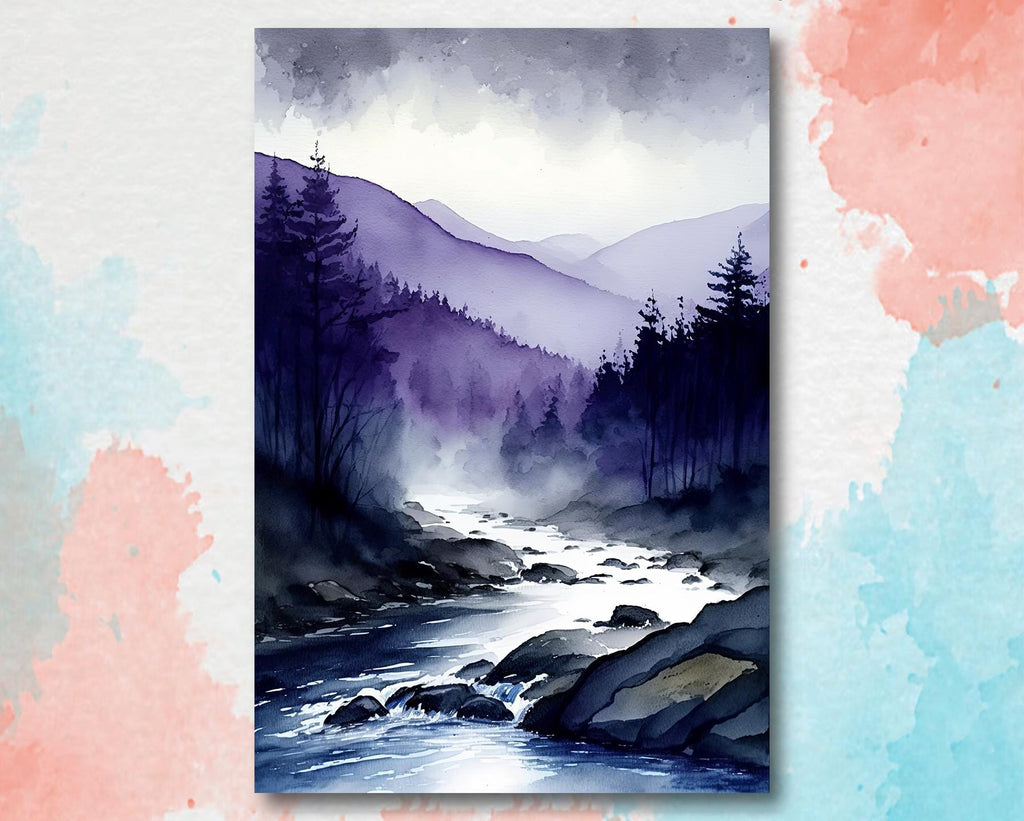 Forest Mountain Stream Watercolor Print, Purple Moody Landscape Poster, Nature Inspired Canvas, Evergreen Tree Woodland Wall Art Home Decor