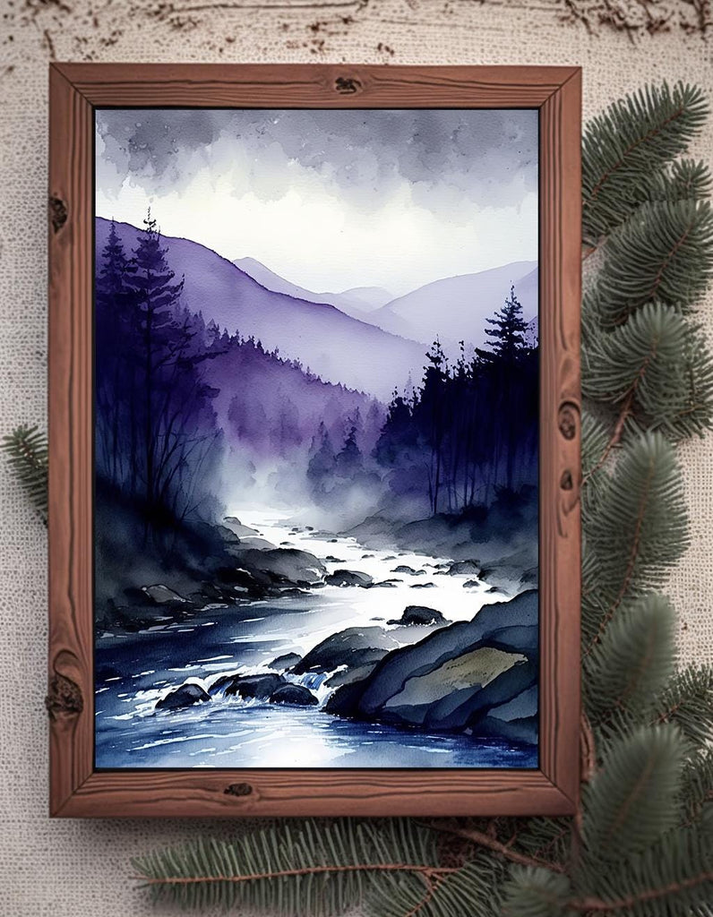 Forest Mountain Stream Watercolor Print, Purple Moody Landscape Poster, Nature Inspired Canvas, Evergreen Tree Woodland Wall Art Home Decor