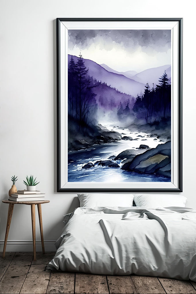 Forest Mountain Stream Watercolor Print, Purple Moody Landscape Poster, Nature Inspired Canvas, Evergreen Tree Woodland Wall Art Home Decor