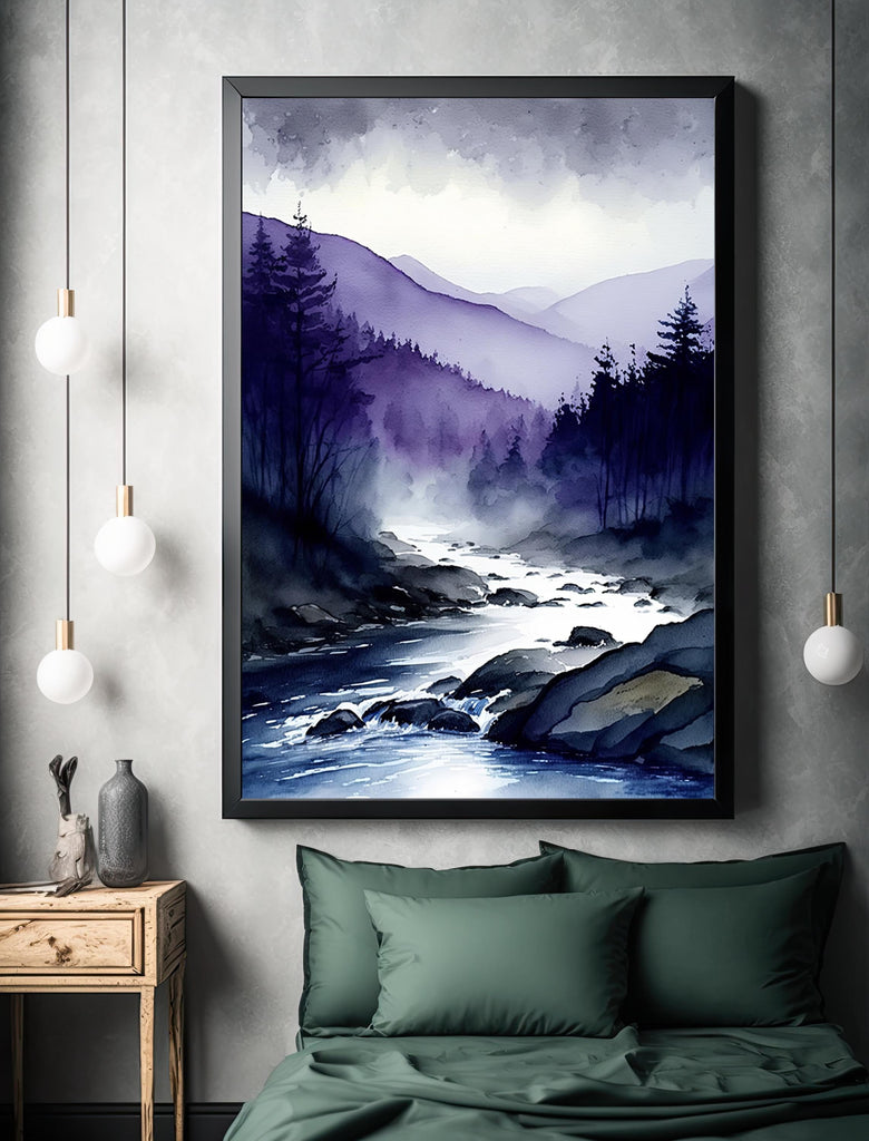 Forest Mountain Stream Watercolor Print, Purple Moody Landscape Poster, Nature Inspired Canvas, Evergreen Tree Woodland Wall Art Home Decor