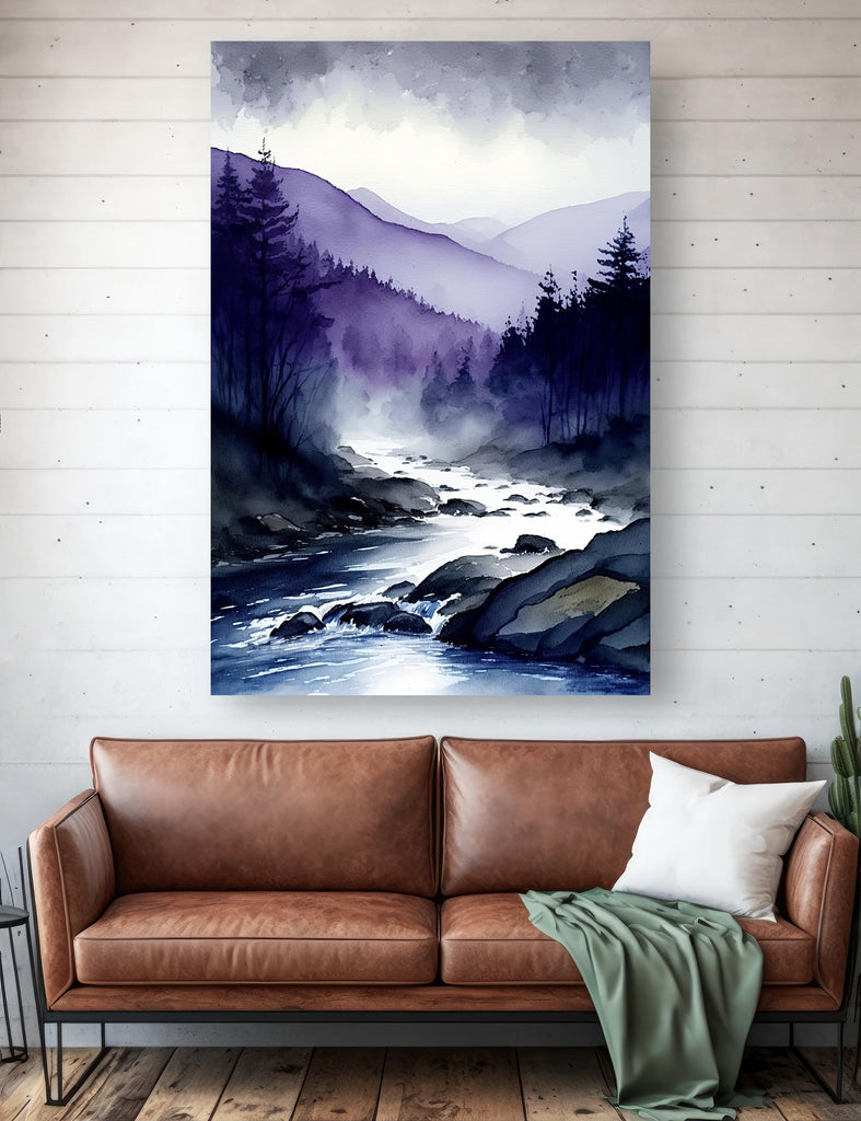 Forest Mountain Stream Watercolor Print, Purple Moody Landscape Poster, Nature Inspired Canvas, Evergreen Tree Woodland Wall Art Home Decor