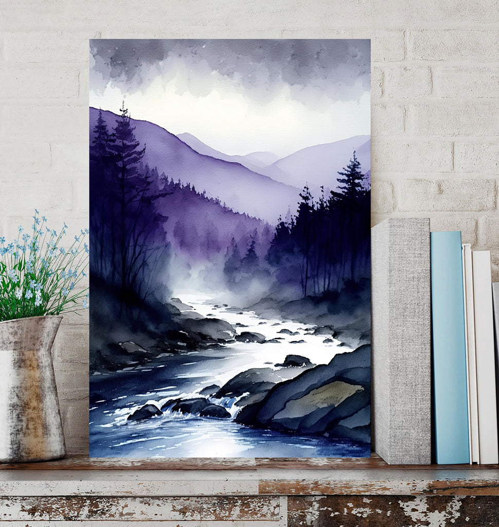 Forest Mountain Stream Watercolor Print, Purple Moody Landscape Poster, Nature Inspired Canvas, Evergreen Tree Woodland Wall Art Home Decor