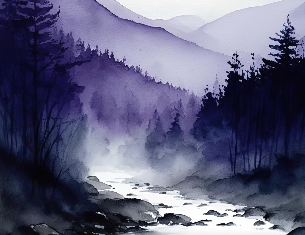 Forest Mountain Stream Watercolor Print, Purple Moody Landscape Poster, Nature Inspired Canvas, Evergreen Tree Woodland Wall Art Home Decor