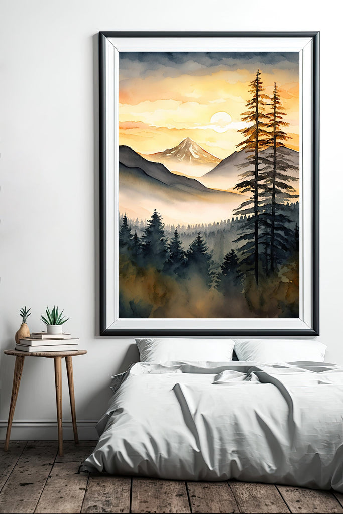 Mountain Forest Sunset Watercolor Print, Misty Landscape Wall Art, Nature Inspired Canvas, Vibrant Scenic Poster, Serene Home Decor