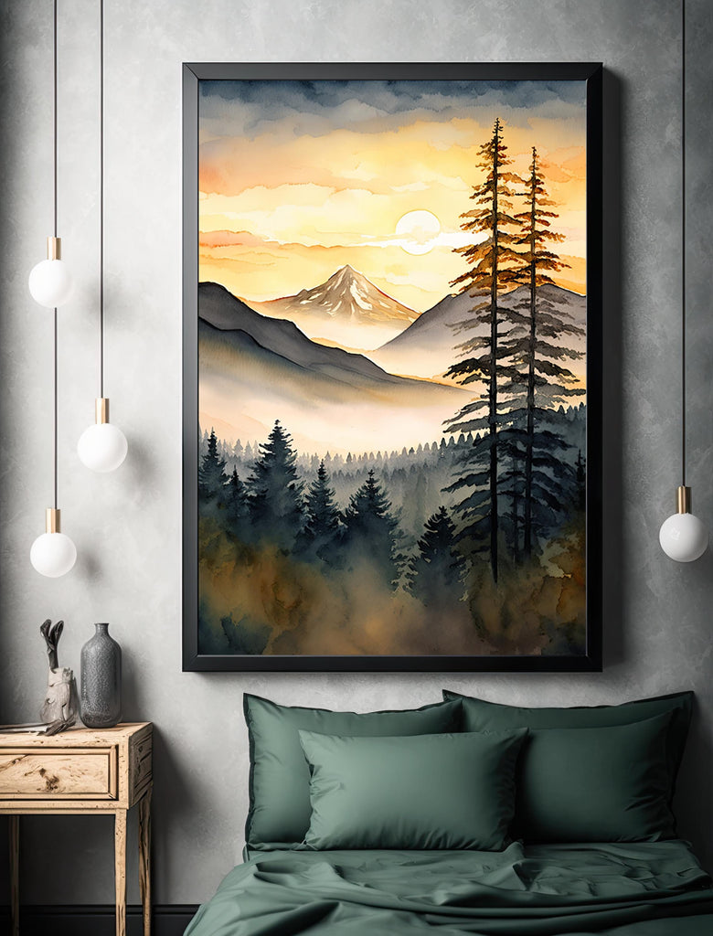 Mountain Forest Sunset Watercolor Print, Misty Landscape Wall Art, Nature Inspired Canvas, Vibrant Scenic Poster, Serene Home Decor