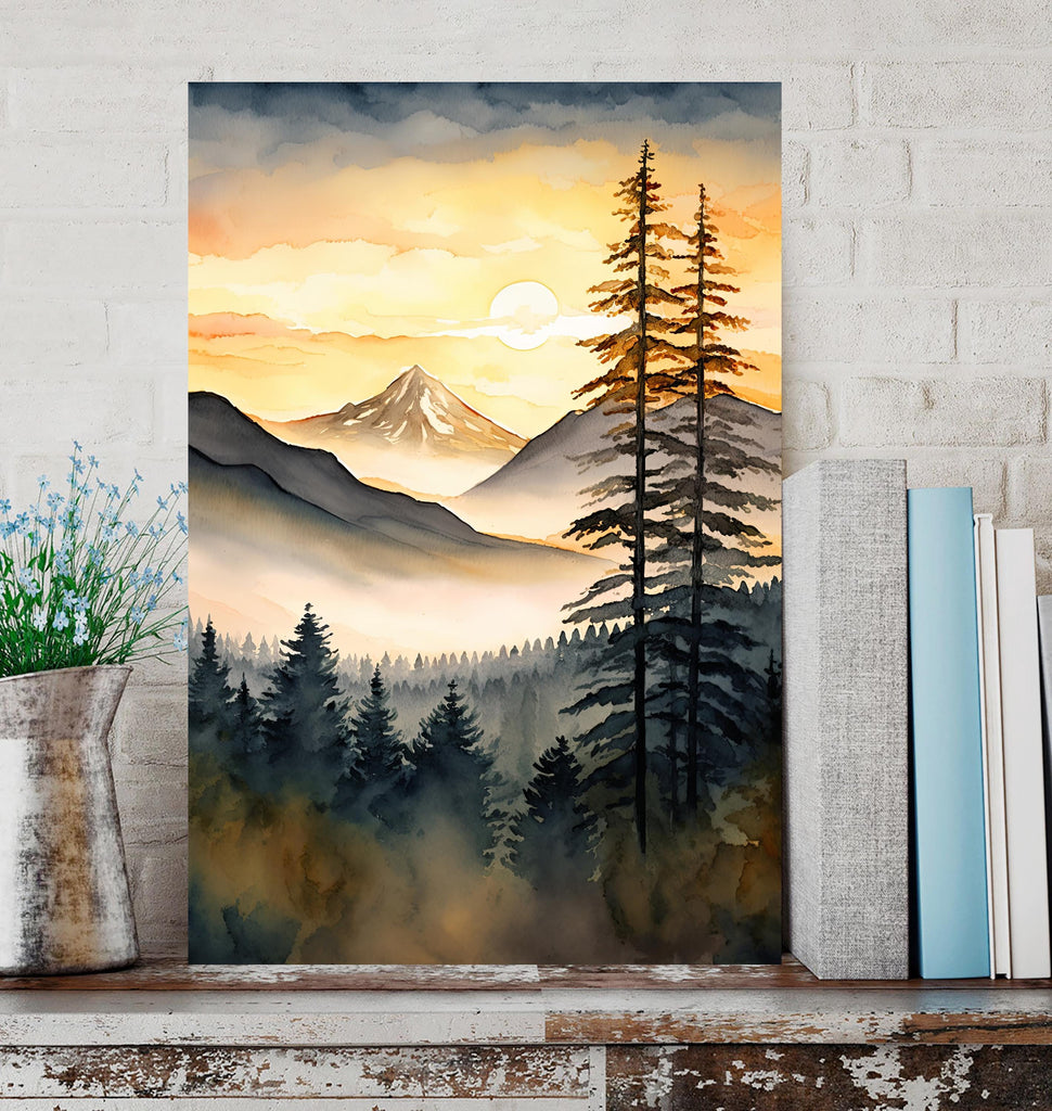 Mountain Forest Sunset Watercolor Print, Misty Landscape Wall Art, Nature Inspired Canvas, Vibrant Scenic Poster, Serene Home Decor