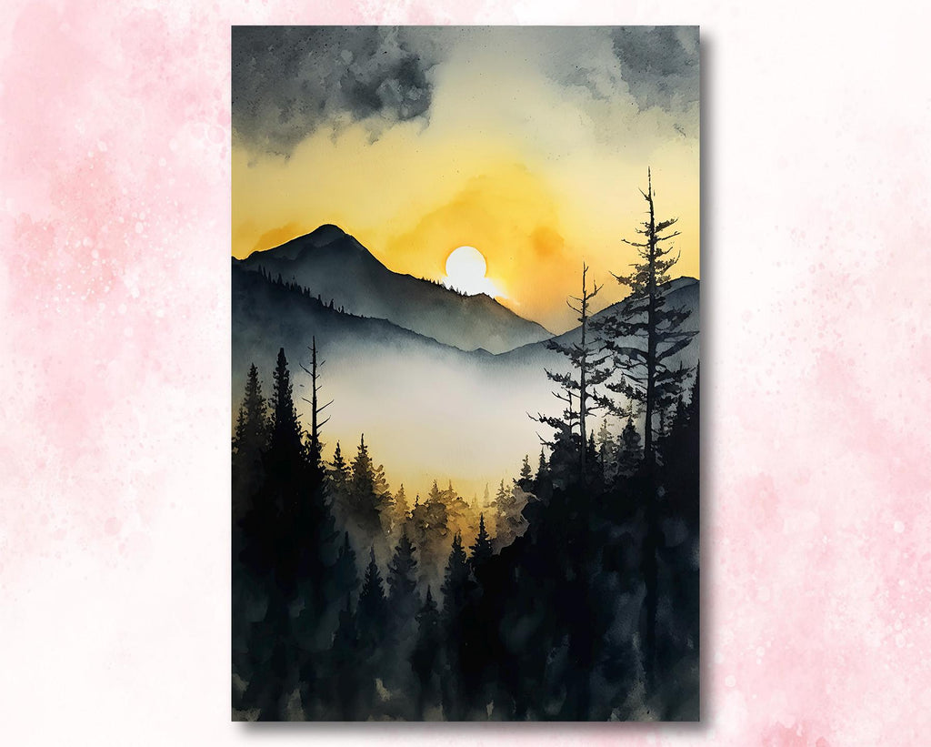 Mountain Forest Sunset Watercolor Print, Misty Landscape Wall Art, Nature Inspired Canvas, Vibrant Scenic Poster, Serene Home Decor