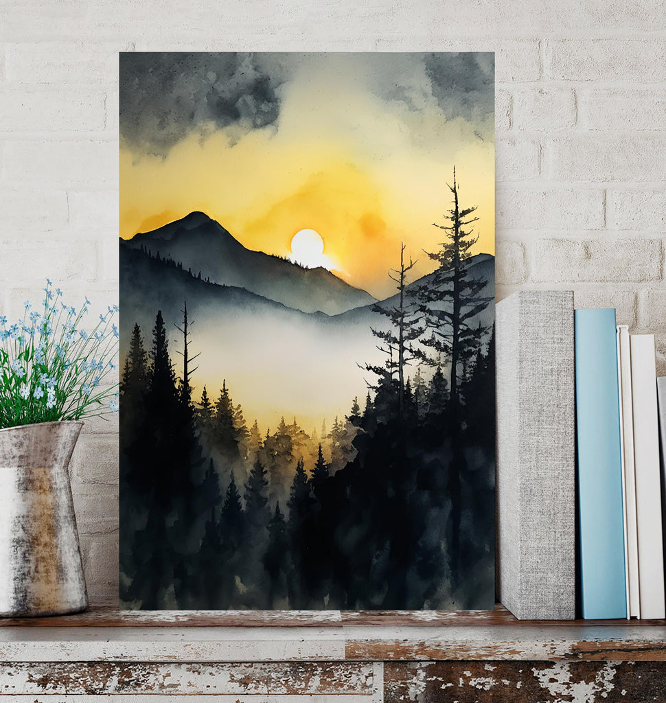 Mountain Forest Sunset Watercolor Print, Misty Landscape Wall Art, Nature Inspired Canvas, Vibrant Scenic Poster, Serene Home Decor