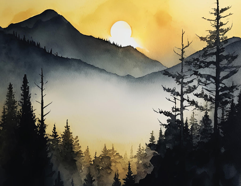 Mountain Forest Sunset Watercolor Print, Misty Landscape Wall Art, Nature Inspired Canvas, Vibrant Scenic Poster, Serene Home Decor