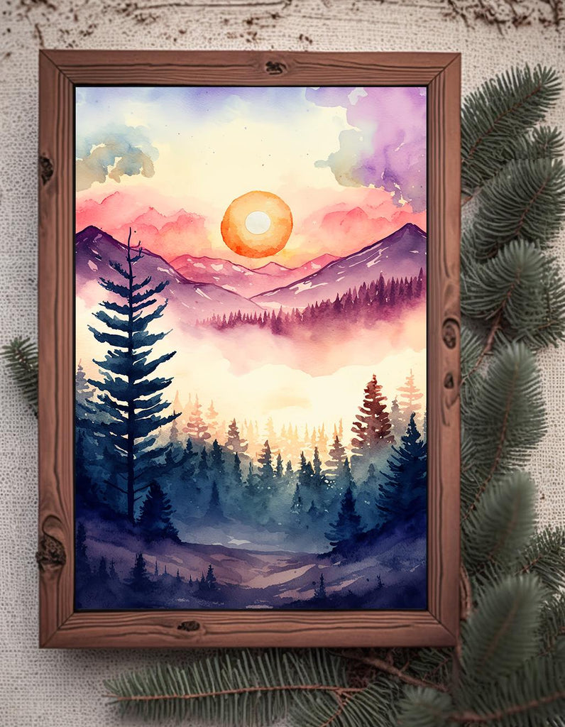 Mountain Forest Sunset Watercolor Print, Misty Landscape Wall Art, Nature Inspired Canvas, Vibrant Scenic Poster, Serene Home Decor