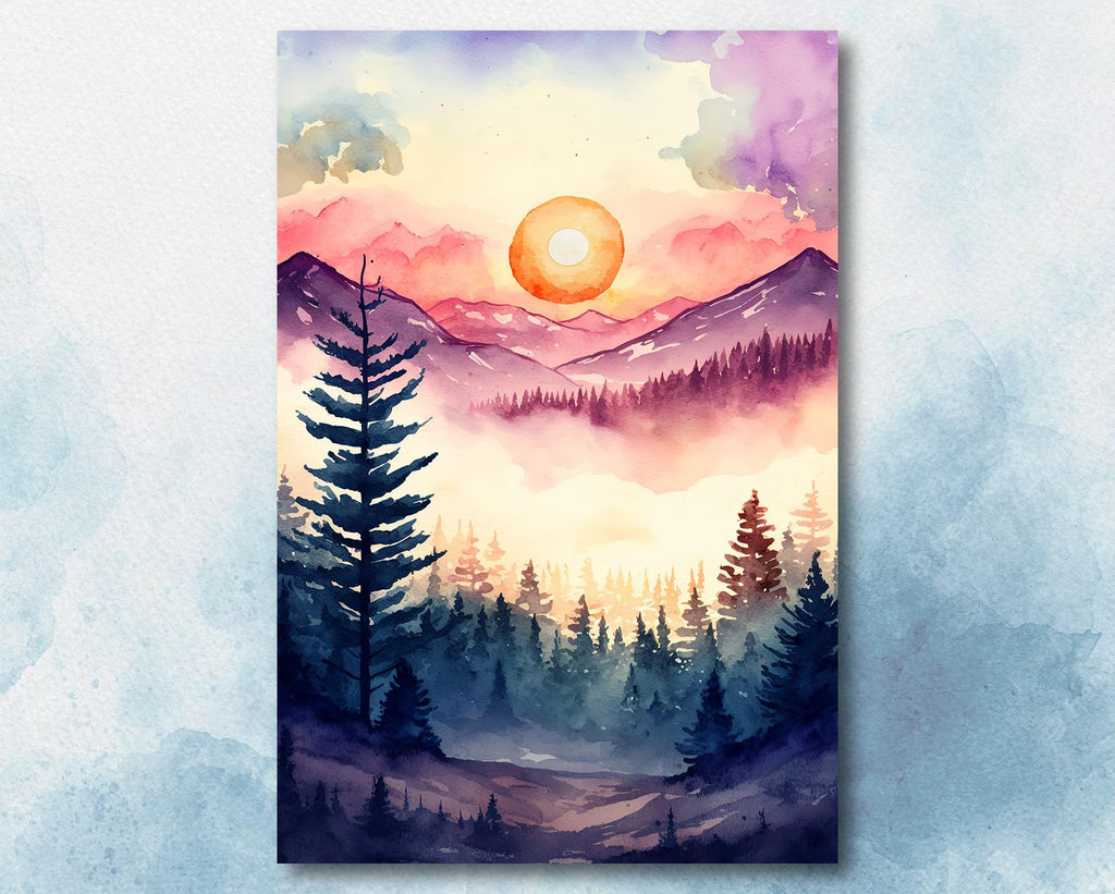 Mountain Forest Sunset Watercolor Print, Misty Landscape Wall Art, Nature Inspired Canvas, Vibrant Scenic Poster, Serene Home Decor