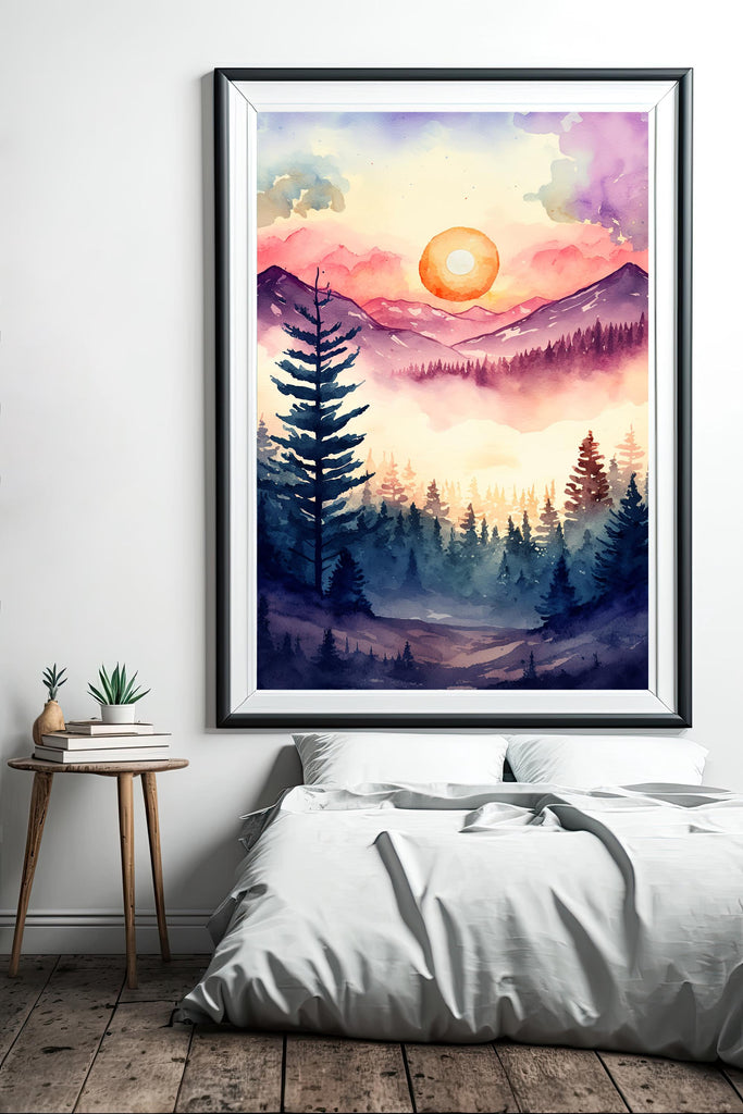 Mountain Forest Sunset Watercolor Print, Misty Landscape Wall Art, Nature Inspired Canvas, Vibrant Scenic Poster, Serene Home Decor