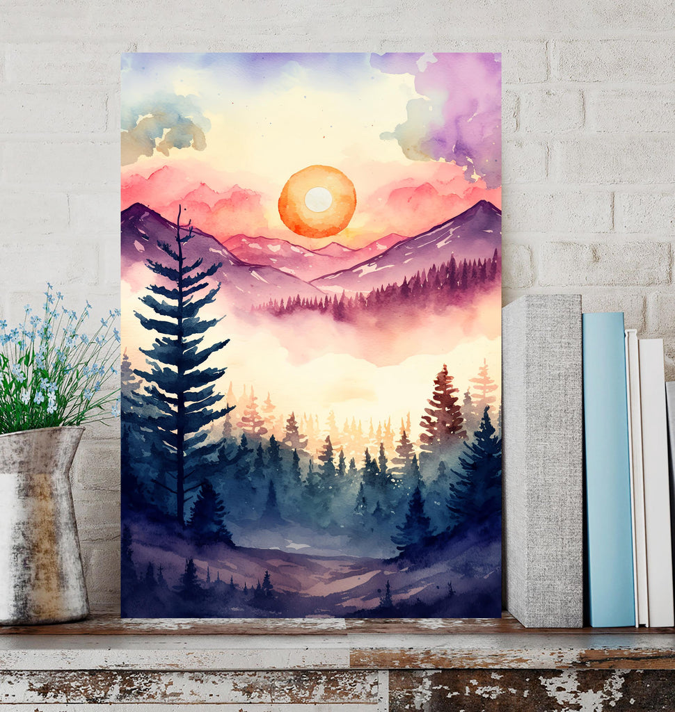 Mountain Forest Sunset Watercolor Print, Misty Landscape Wall Art, Nature Inspired Canvas, Vibrant Scenic Poster, Serene Home Decor