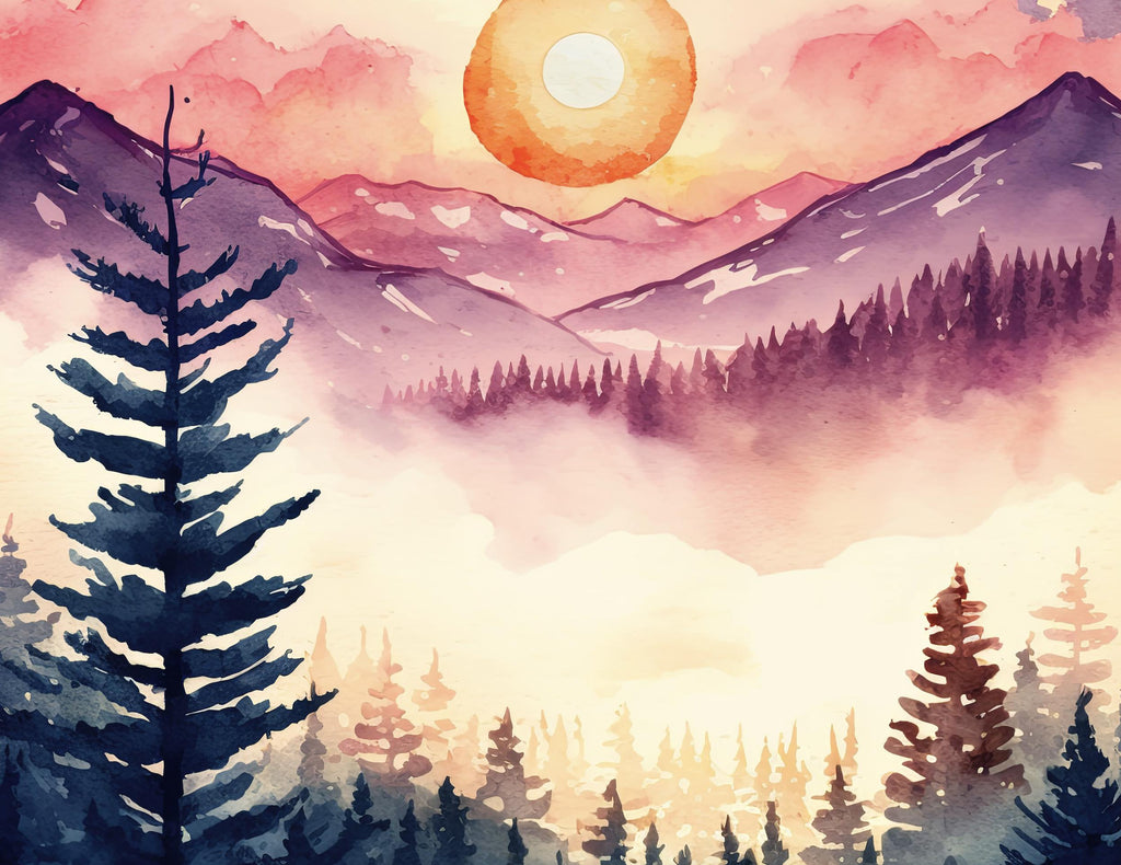 Mountain Forest Sunset Watercolor Print, Misty Landscape Wall Art, Nature Inspired Canvas, Vibrant Scenic Poster, Serene Home Decor