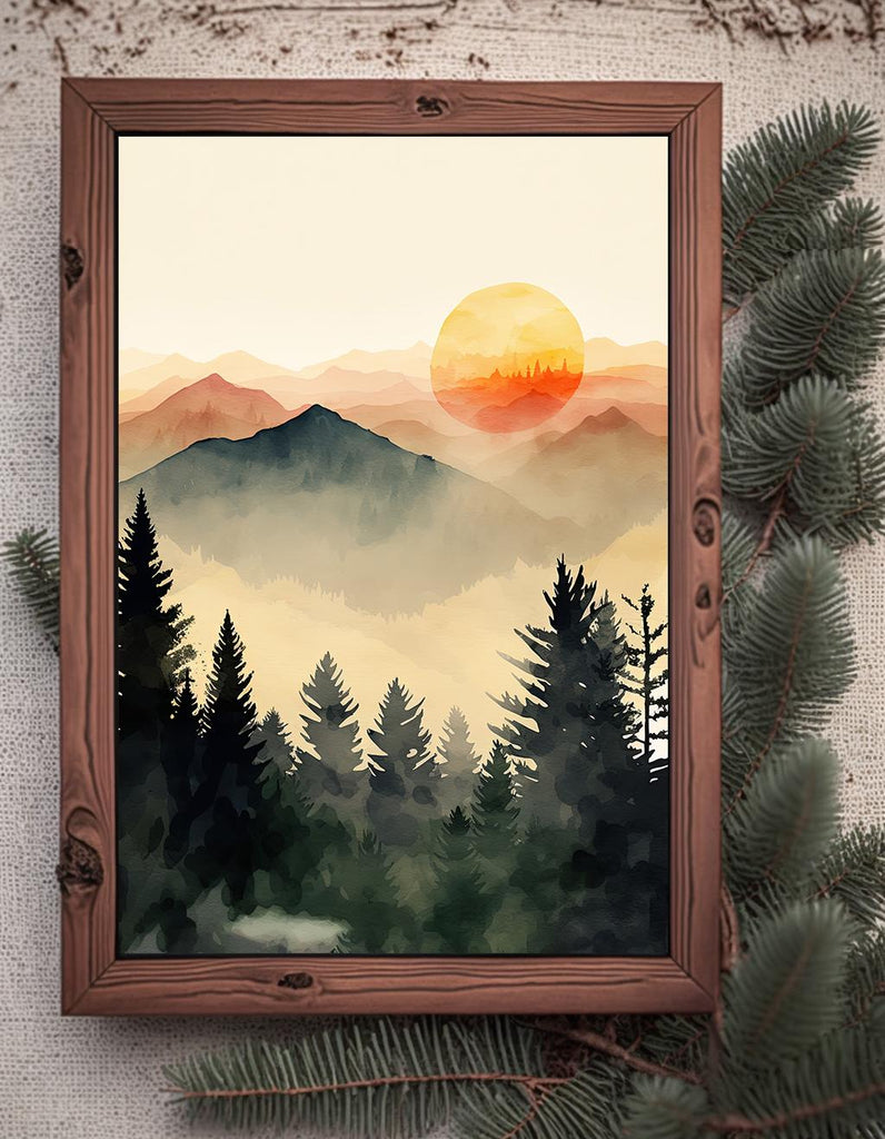 Mountain Forest Sunset Watercolor Print, Misty Landscape Wall Art, Nature Inspired Canvas, Vibrant Scenic Poster, Serene Home Decor