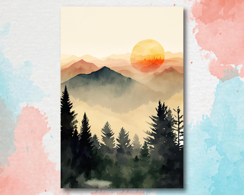 Mountain Forest Sunset Watercolor Print, Misty Landscape Wall Art, Nature Inspired Canvas, Vibrant Scenic Poster, Serene Home Decor