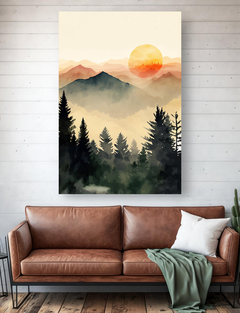 Mountain Forest Sunset Watercolor Print, Misty Landscape Wall Art, Nature Inspired Canvas, Vibrant Scenic Poster, Serene Home Decor