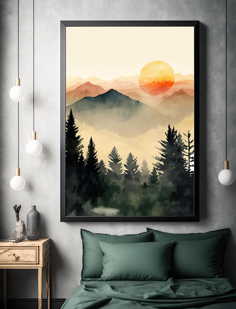 Mountain Forest Sunset Watercolor Print, Misty Landscape Wall Art, Nature Inspired Canvas, Vibrant Scenic Poster, Serene Home Decor