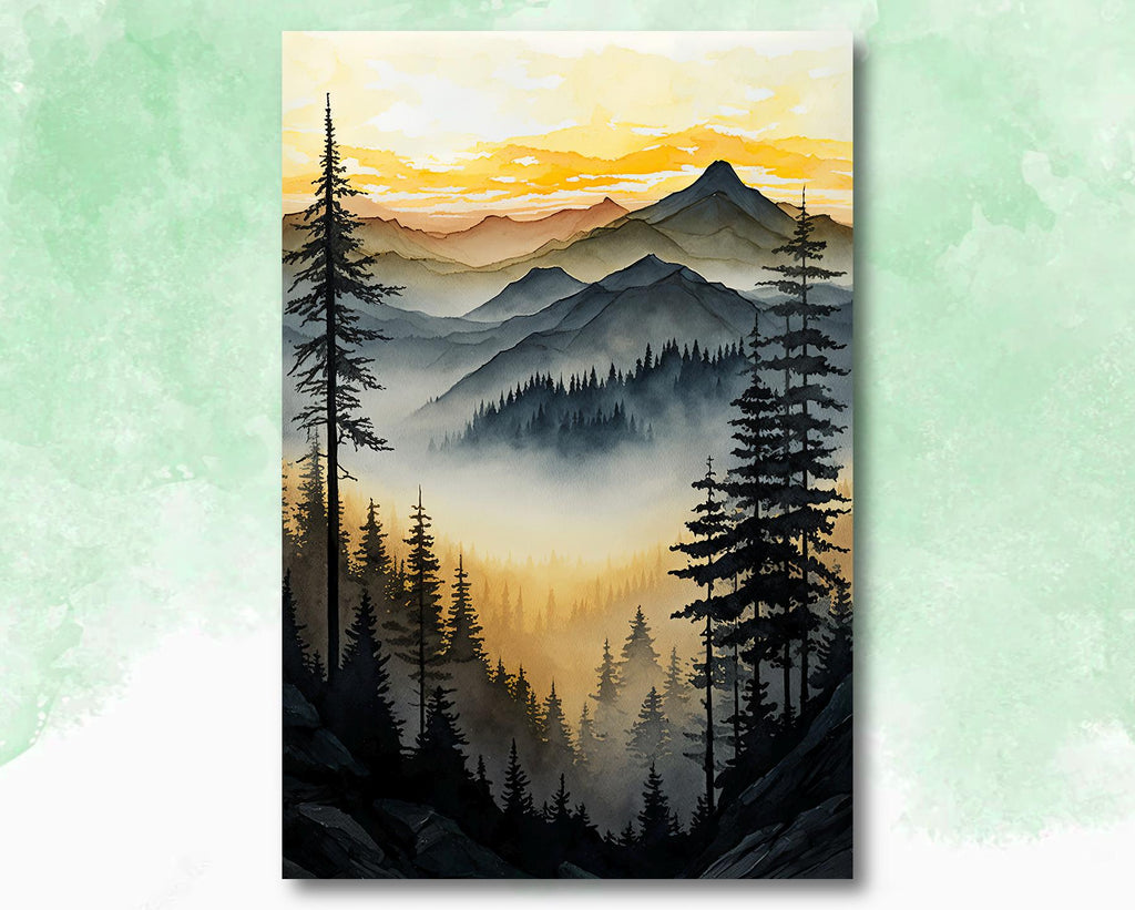 Mountain Forest Sunset Watercolor Print, Misty Landscape Wall Art, Nature Inspired Canvas, Vibrant Scenic Poster, Serene Home Decor