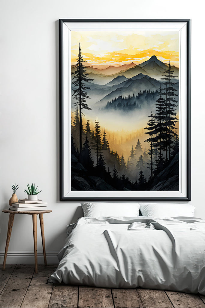 Mountain Forest Sunset Watercolor Print, Misty Landscape Wall Art, Nature Inspired Canvas, Vibrant Scenic Poster, Serene Home Decor