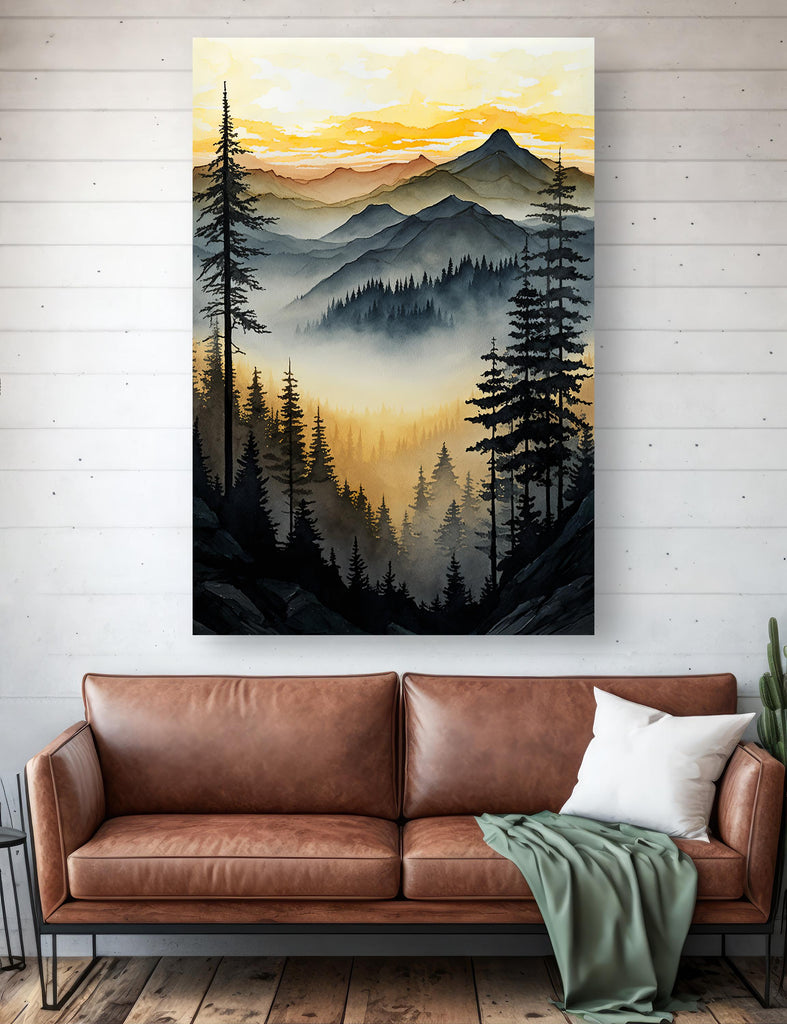 Mountain Forest Sunset Watercolor Print, Misty Landscape Wall Art, Nature Inspired Canvas, Vibrant Scenic Poster, Serene Home Decor