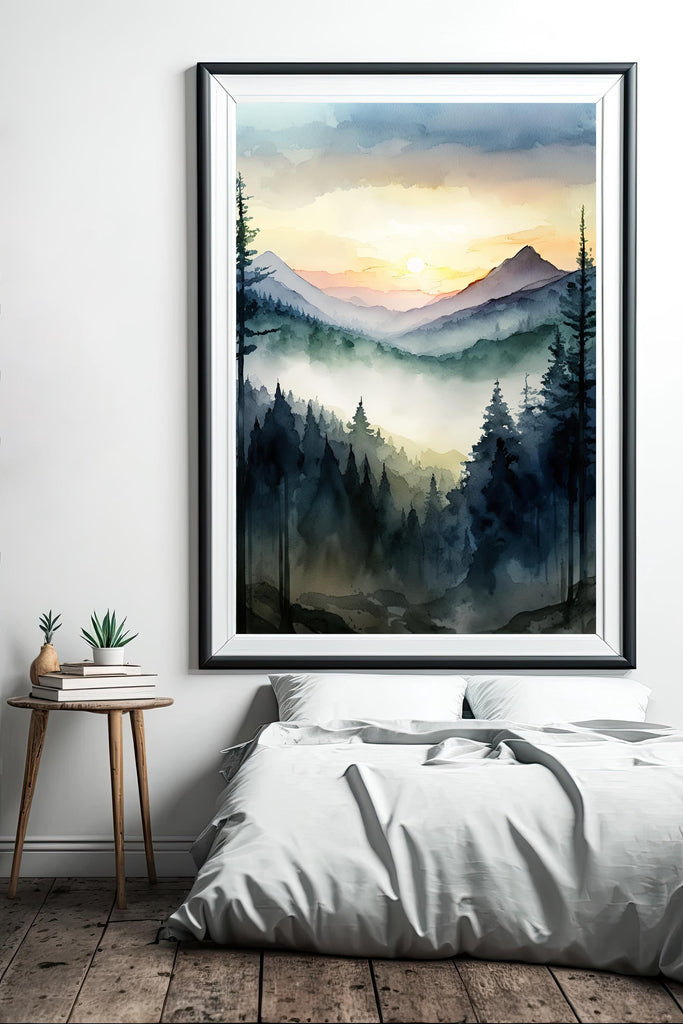 Mountain Forest Sunset Watercolor Print, Misty Landscape Wall Art, Nature Inspired Canvas, Vibrant Scenic Poster, Serene Home Decor