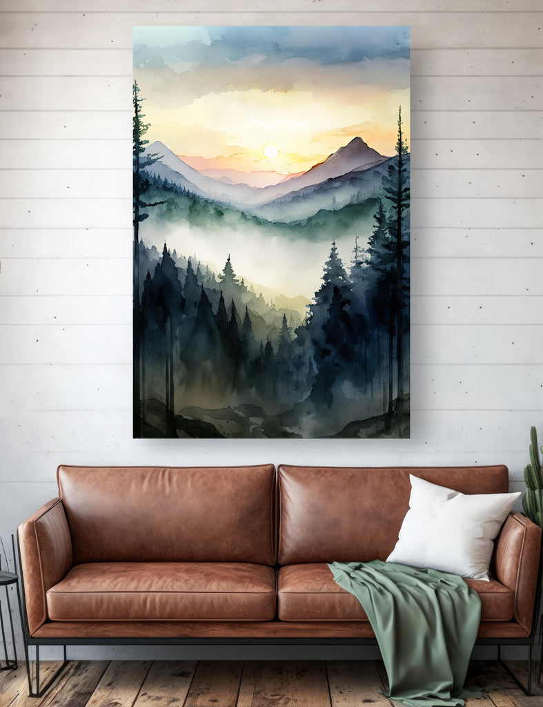 Mountain Forest Sunset Watercolor Print, Misty Landscape Wall Art, Nature Inspired Canvas, Vibrant Scenic Poster, Serene Home Decor