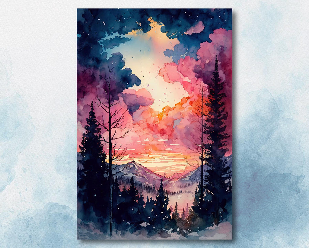 Magical Mountain Sunset Watercolor Print, Pink and Purple Forest Landscape Wall Art, Mystical Sky Canvas Art, Serene Nature-Inspired Decor