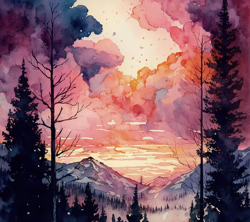 Magical Mountain Sunset Watercolor Print, Pink and Purple Forest Landscape Wall Art, Mystical Sky Canvas Art, Serene Nature-Inspired Decor