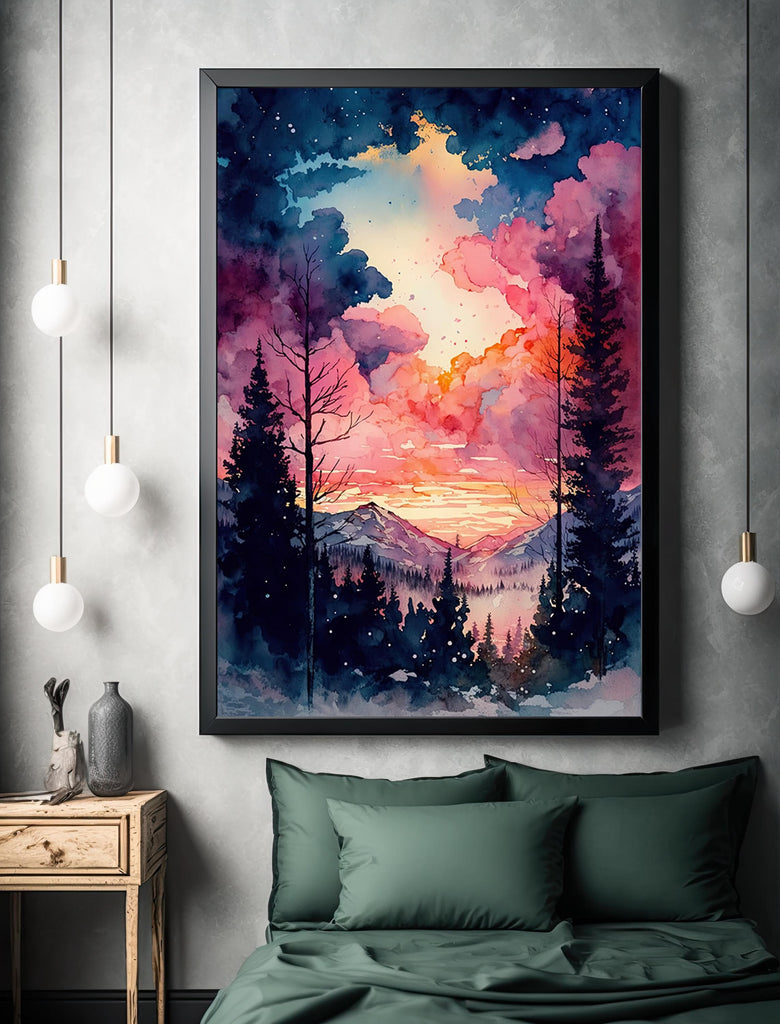 Magical Mountain Sunset Watercolor Print, Pink and Purple Forest Landscape Wall Art, Mystical Sky Canvas Art, Serene Nature-Inspired Decor