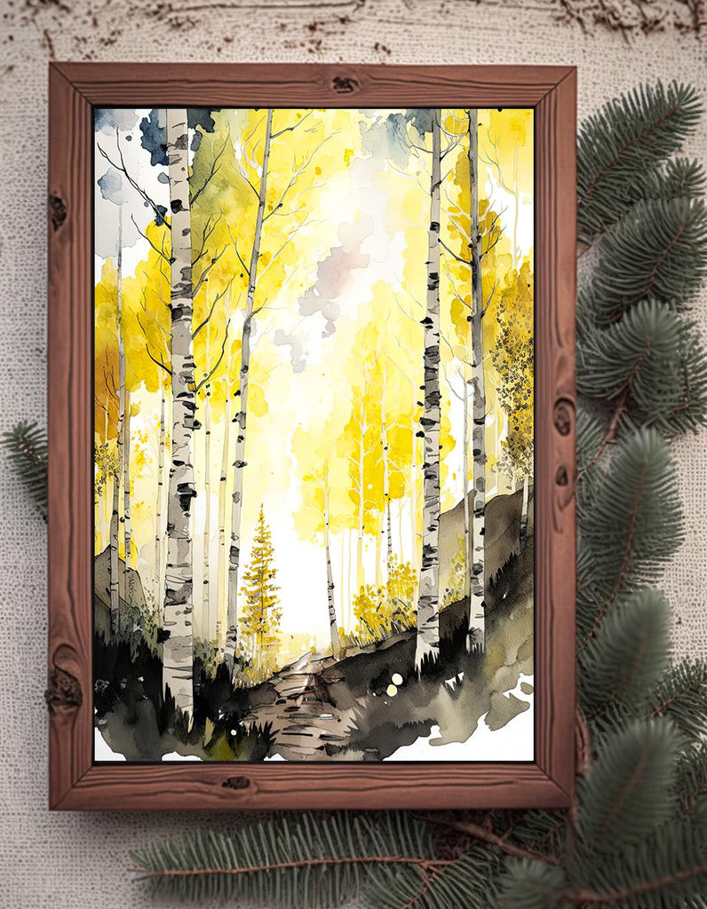 Autumn Birch Forest Watercolor Print, Yellow and Black Landscape Canvas Art, Serene Nature Poster Print, Woodland Path Wall Decor