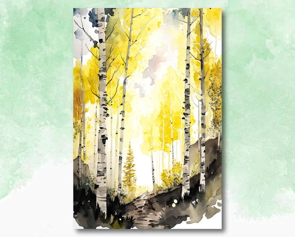 Autumn Birch Forest Watercolor Print, Yellow and Black Landscape Canvas Art, Serene Nature Poster Print, Woodland Path Wall Decor