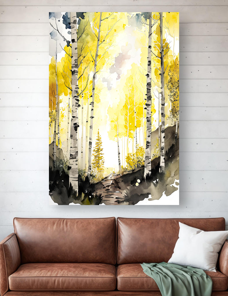 Autumn Birch Forest Watercolor Print, Yellow and Black Landscape Canvas Art, Serene Nature Poster Print, Woodland Path Wall Decor