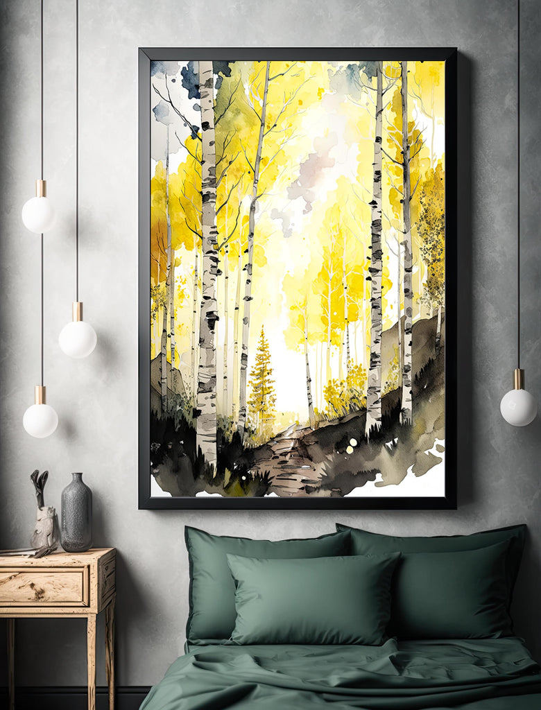 Autumn Birch Forest Watercolor Print, Yellow and Black Landscape Canvas Art, Serene Nature Poster Print, Woodland Path Wall Decor