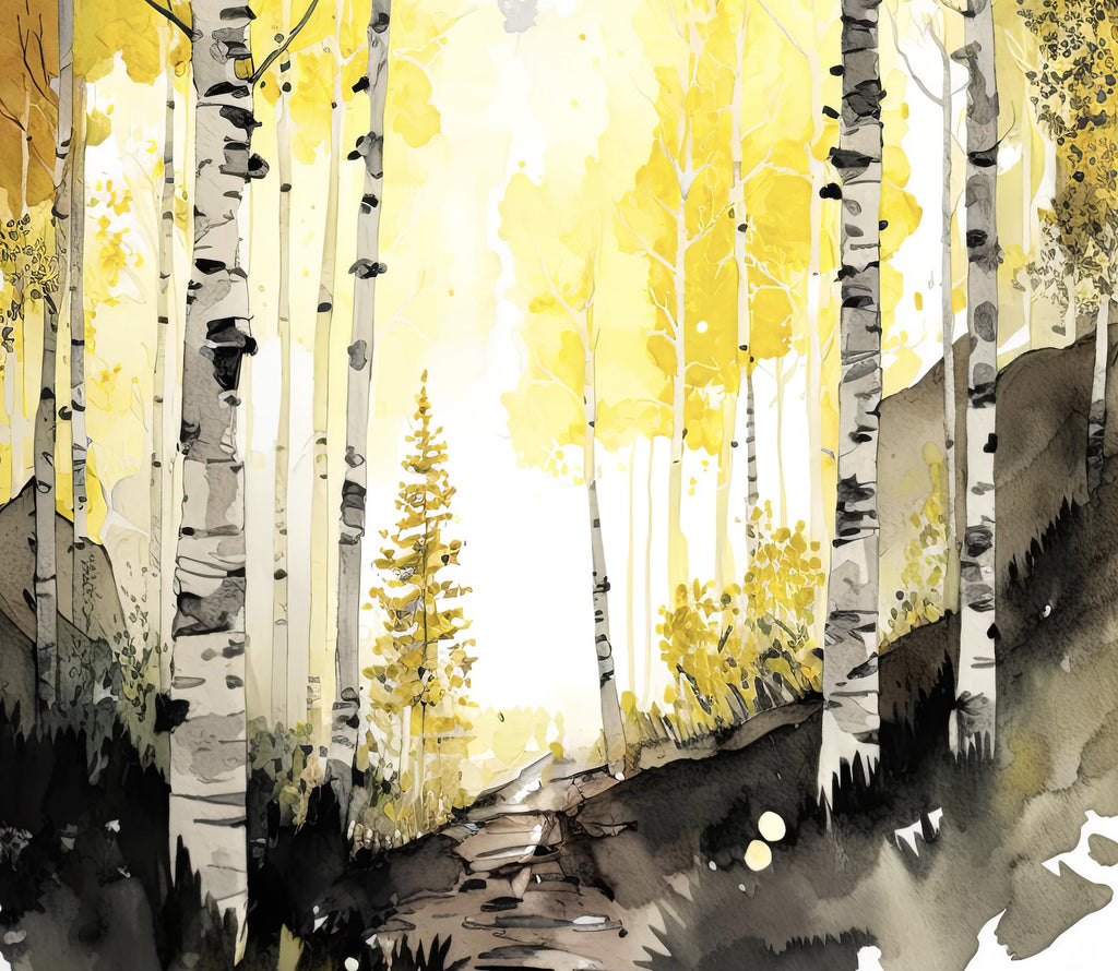 Autumn Birch Forest Watercolor Print, Yellow and Black Landscape Canvas Art, Serene Nature Poster Print, Woodland Path Wall Decor