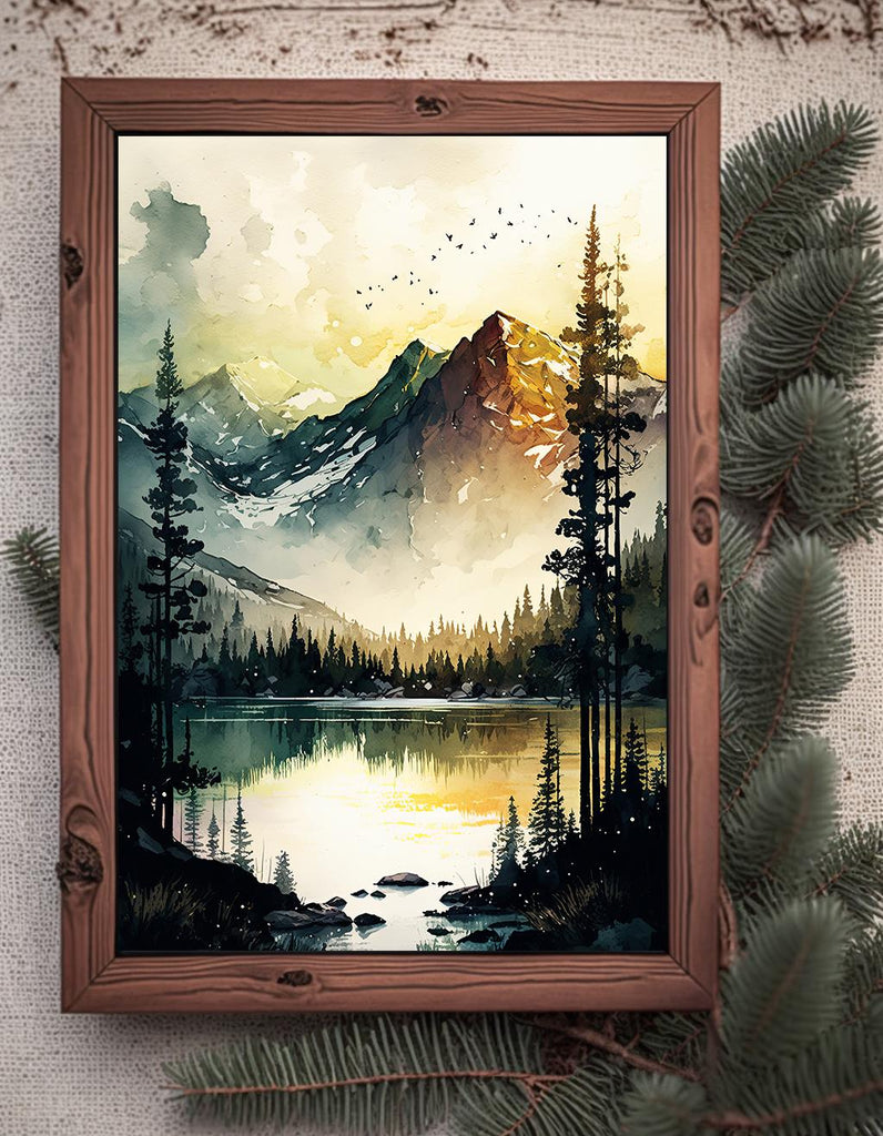 Mountain Lake Sunrise Watercolor Print, Misty Forest Landscape Poster, Nature-Inspired Canvas Art, Serene Wilderness Wall Decor