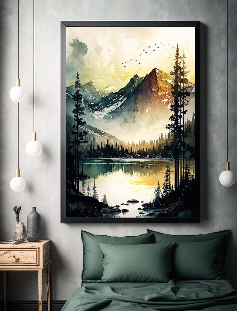 Mountain Lake Sunrise Watercolor Print, Misty Forest Landscape Poster, Nature-Inspired Canvas Art, Serene Wilderness Wall Decor