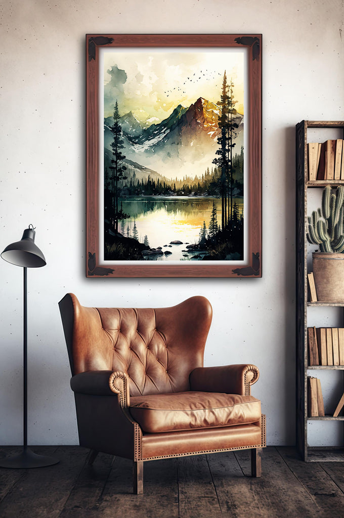 Mountain Lake Sunrise Watercolor Print, Misty Forest Landscape Poster, Nature-Inspired Canvas Art, Serene Wilderness Wall Decor