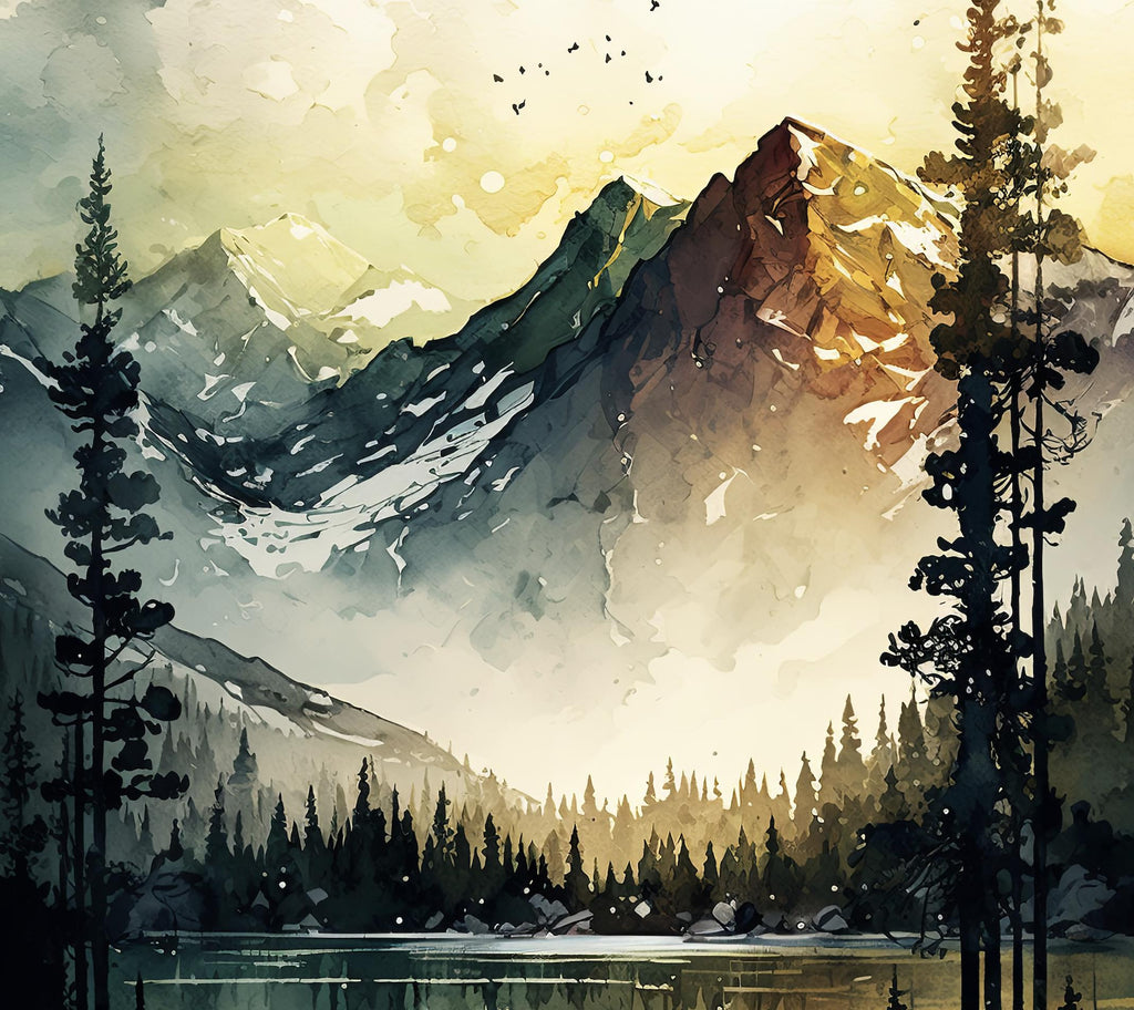 Mountain Lake Sunrise Watercolor Print, Misty Forest Landscape Poster, Nature-Inspired Canvas Art, Serene Wilderness Wall Decor