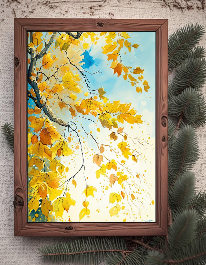 Autumn Leaves Watercolor Print, Fall Foliage Wall Art, Nature Inspired Landscape Poster, Golden Yellow Canvas Art, Botanical Home Decor