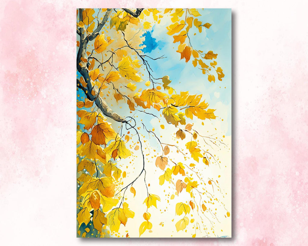 Autumn Leaves Watercolor Print, Fall Foliage Wall Art, Nature Inspired Landscape Poster, Golden Yellow Canvas Art, Botanical Home Decor