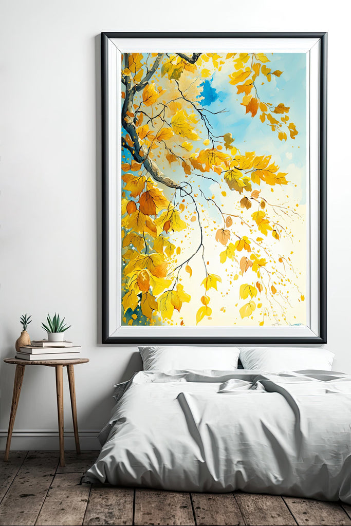 Autumn Leaves Watercolor Print, Fall Foliage Wall Art, Nature Inspired Landscape Poster, Golden Yellow Canvas Art, Botanical Home Decor