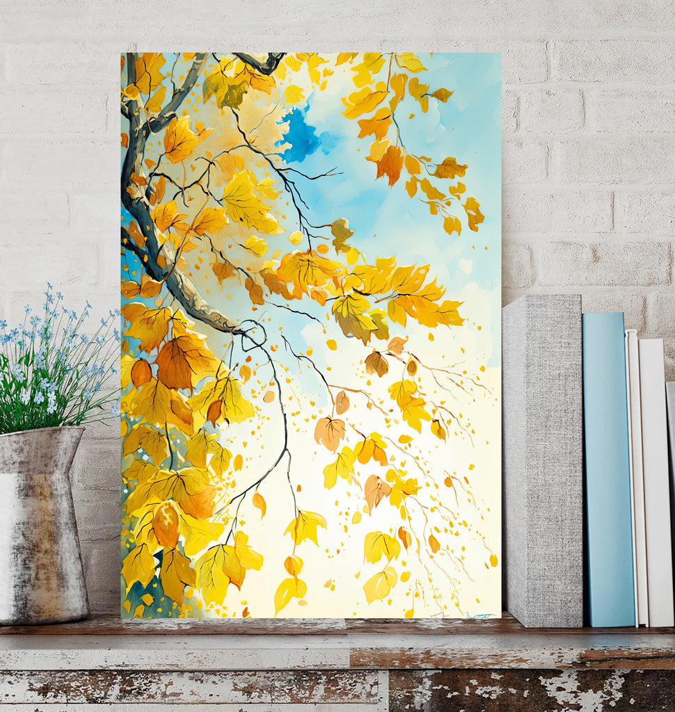 Autumn Leaves Watercolor Print, Fall Foliage Wall Art, Nature Inspired Landscape Poster, Golden Yellow Canvas Art, Botanical Home Decor