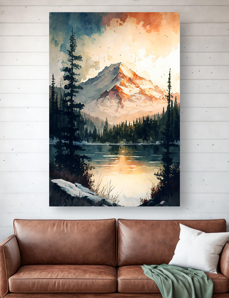 Mountain Lake Watercolor Print, Serene Forest Landscape, Cabincore Nature Poster, Wilderness Canvas Art, Tranquil Wall Decor